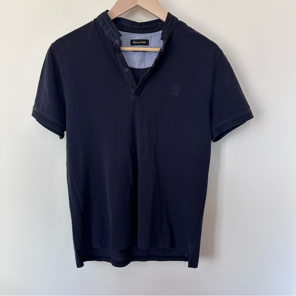 Massimo Dutti Cotton Knit Shirt Navy Blue Slim L Short Sleeve Men Button-Up
